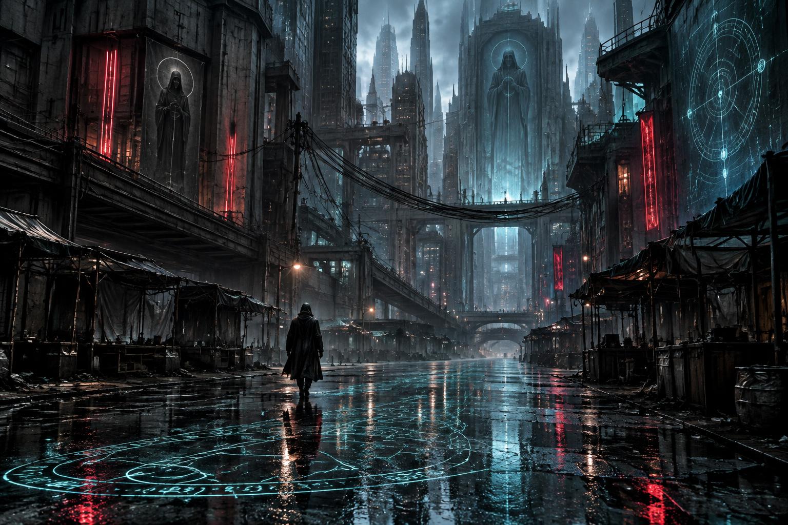 CuttOutt city concept: neon arcane symbols illuminate a dystopian street